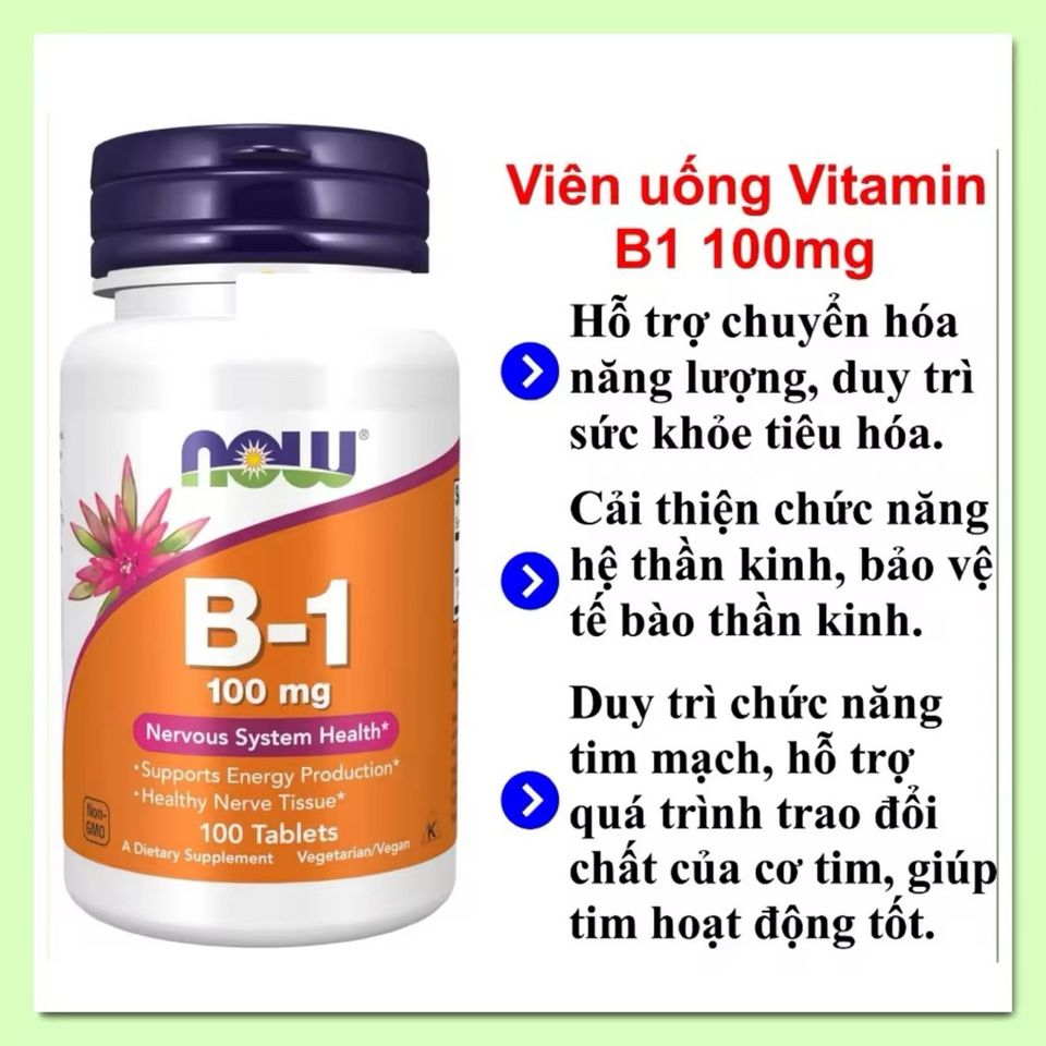 NOW Vitamin B1 100mg Viên Uống - Hỗ Trợ Thần Kinh và Tăng Cường Năng Lượng - 100 Viên Non-GMO, Vegan, Sản Phẩm Từ Mỹ