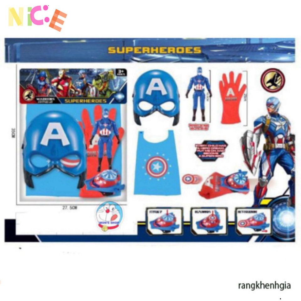 Set hóa trang siêu anh hùng Captain America 5 món - Áo choàng, mặt nạ phát sáng, găng tay, đĩa ném - Đồ chơi trẻ em an toàn và sáng tạo