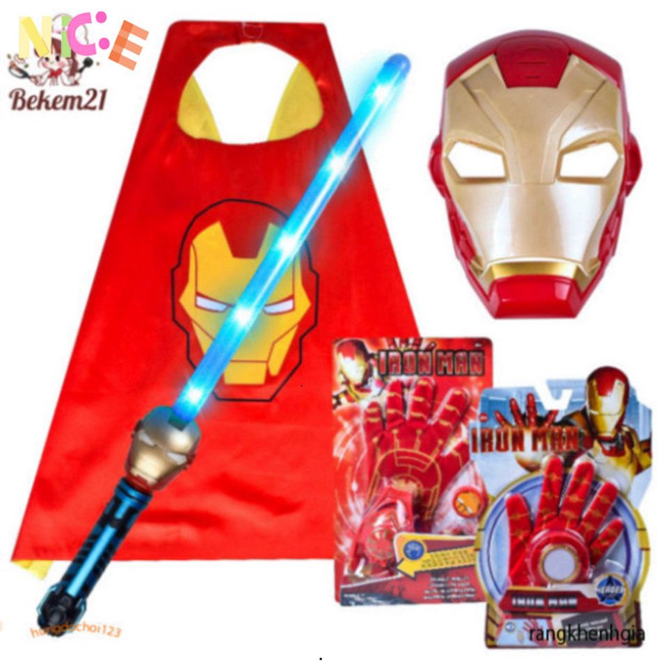 Bộ Siêu Anh Hùng Iron Man 5 Món - Áo Choàng, Mặt Nạ LED, Khiên và Gậy Phát Sáng - Đồ Chơi Hóa Trang Cho Trẻ Em