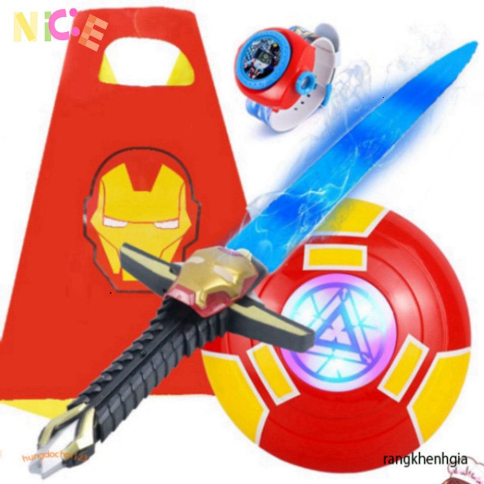 Bộ Siêu Anh Hùng Iron Man 5 Món - Áo Choàng, Mặt Nạ LED, Khiên và Gậy Phát Sáng - Đồ Chơi Hóa Trang Cho Trẻ Em