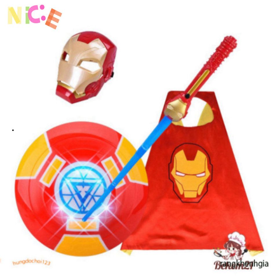 Bộ Siêu Anh Hùng Iron Man 5 Món - Áo Choàng, Mặt Nạ LED, Khiên và Gậy Phát Sáng - Đồ Chơi Hóa Trang Cho Trẻ Em