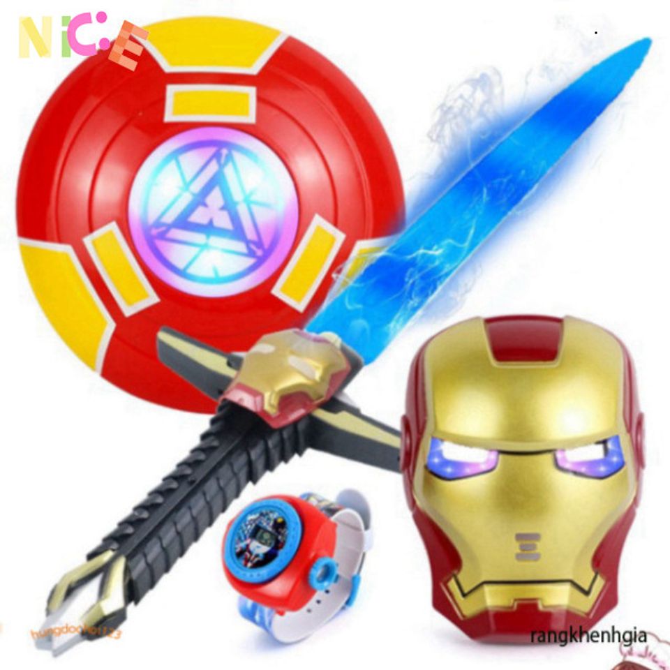 Bộ Siêu Anh Hùng Iron Man 5 Món - Áo Choàng, Mặt Nạ LED, Khiên và Gậy Phát Sáng - Đồ Chơi Hóa Trang Cho Trẻ Em