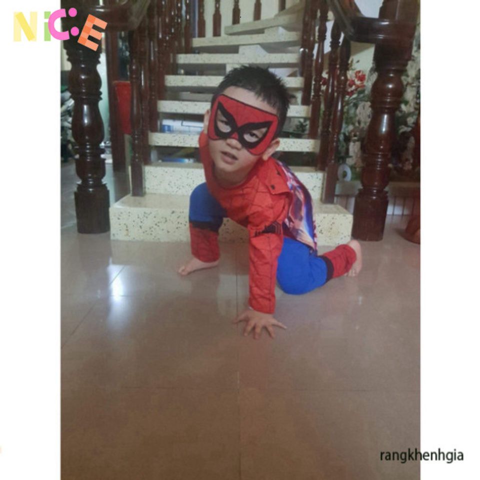 Bộ đồ hóa trang Người Nhện cho trẻ em - Áo dài tay, áo choàng, mặt nạ và găng tay siêu anh hùng - Trang phục Halloween hoàn hảo