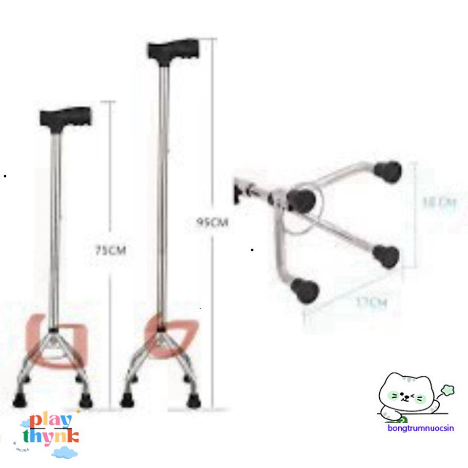 Gậy chống 4 chân điều chỉnh chiều cao - Hỗ trợ an toàn cho người cao tuổi và người bệnh - Chất liệu inox bền vững