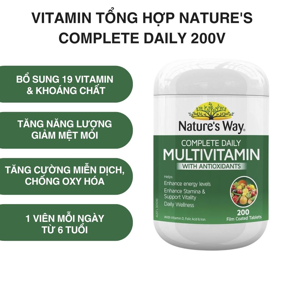 Vitamin Tổng Hợp Nature's Way Complete Daily Multivitamin Úc - Hỗ Trợ Năng Lượng & Chống Oxy Hóa - 200 Viên
