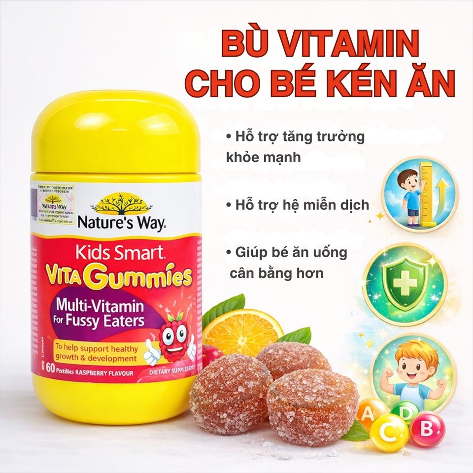 Kẹo Dẻo Vitamin Tổng Hợp Cho Trẻ - Nature's Way Kids Smart Vita Gummies Dành Cho Trẻ Ăn Kén, 60 Viên Hương Vị Trái Cây