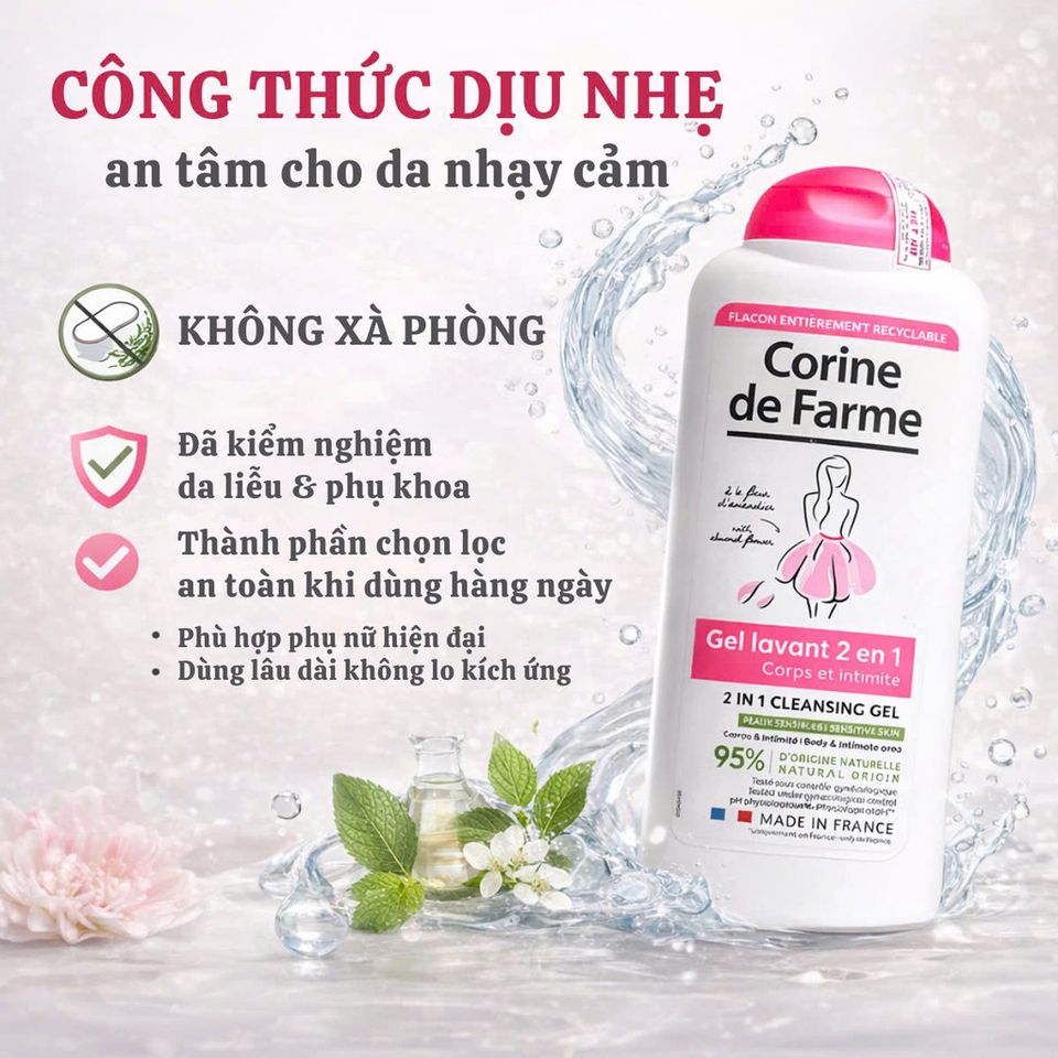 Gel Vệ Sinh và Tắm Toàn Thân Corine de Farme 2 in 1 Chiết Xuất Hoa Hạnh Nhân - Dành Cho Da Nhạy Cảm - Chai 250ml