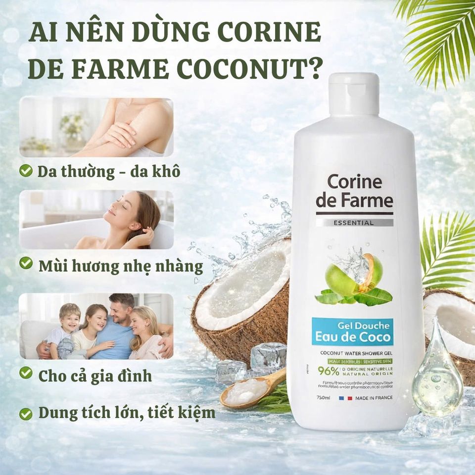 Gel Tắm Corine de Farme Nước Dừa Tự Nhiên 750ml - Làm Sạch và Cấp Ẩm, Hương Thơm Nhiệt Đới, Phù Hợp Mọi Loại Da