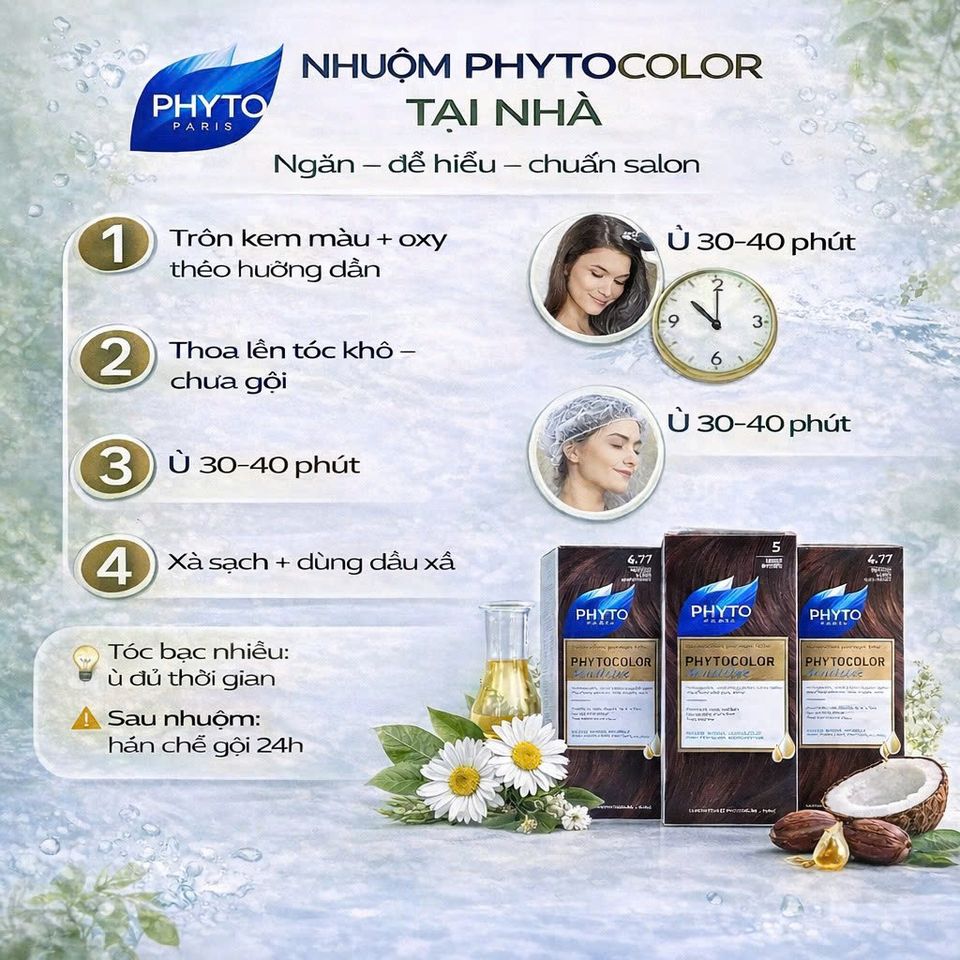 Nhuộm Tóc Phủ Bạc PHYTO 100% Hữu Cơ - Cho Da Nhạy Cảm, Không Gây Kích Ứng, Dưỡng Tóc Tự Nhiên
