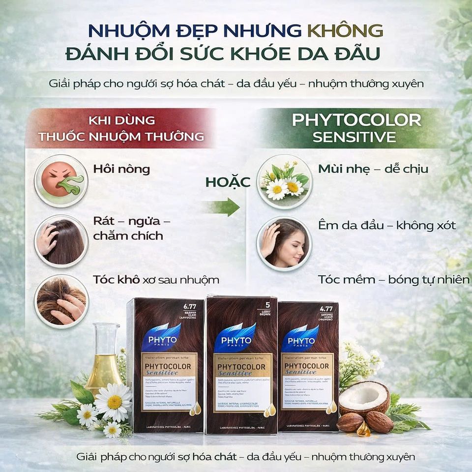 Nhuộm Tóc Phủ Bạc PHYTO 100% Hữu Cơ - Cho Da Nhạy Cảm, Không Gây Kích Ứng, Dưỡng Tóc Tự Nhiên