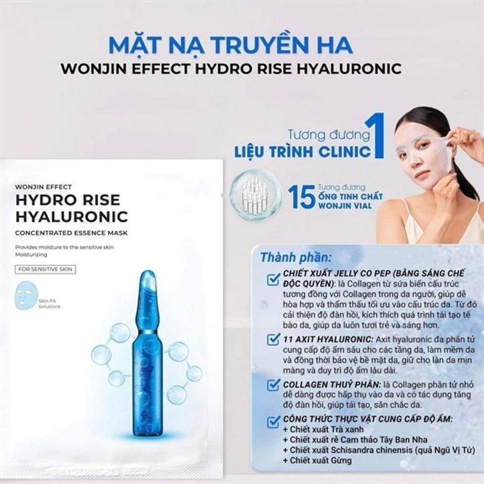 Hộp 30 Miếng Mặt Nạ Cấp Nước WonJin Effect Hydro Rise - Mặt Nạ Tăng Cường Độ Ẩm Hyaluronic Cho Da Căng Mịn 350g