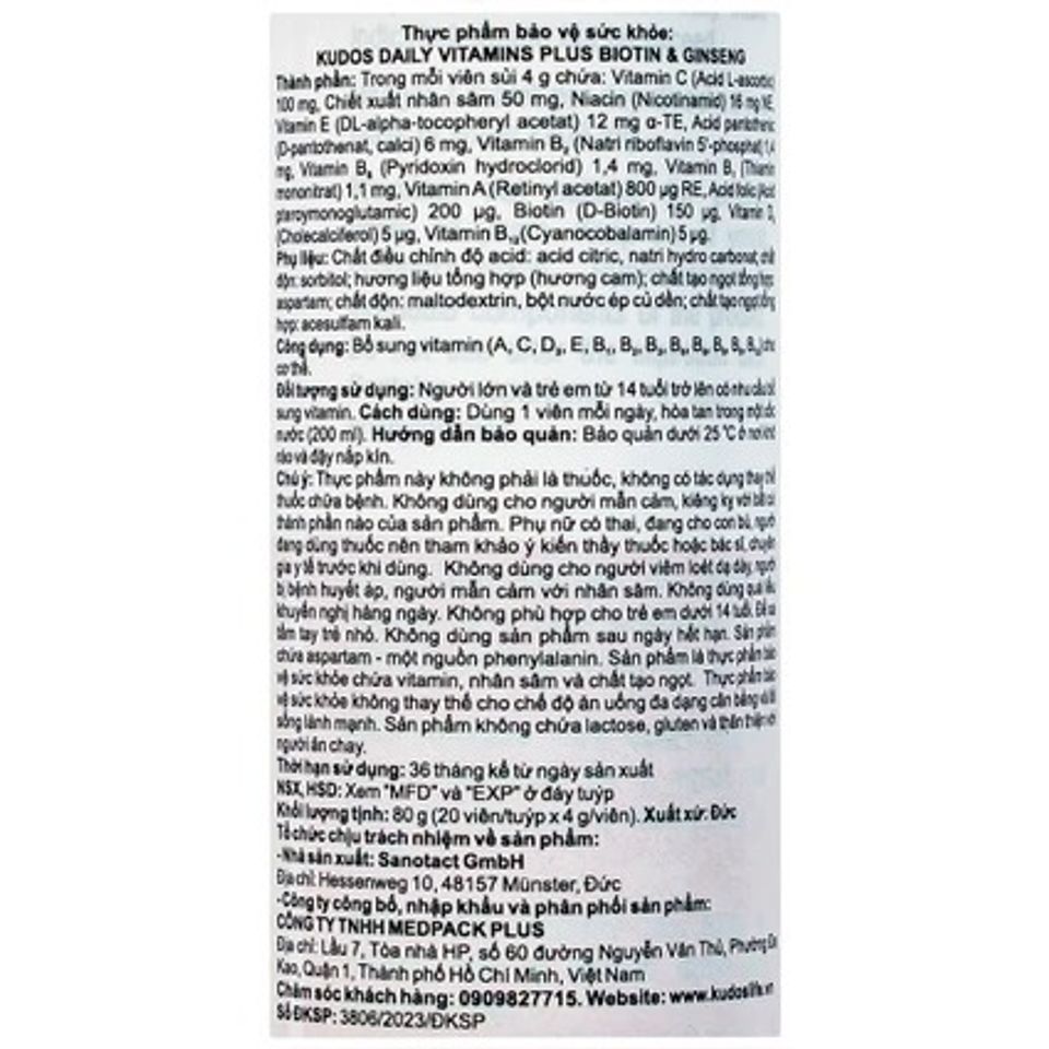Viên sủi Kudos Daily Vitamins Plus Biotin & Ginseng hương cam - Tăng cường sức khỏe, bổ sung vitamin và năng lượng (20 viên)