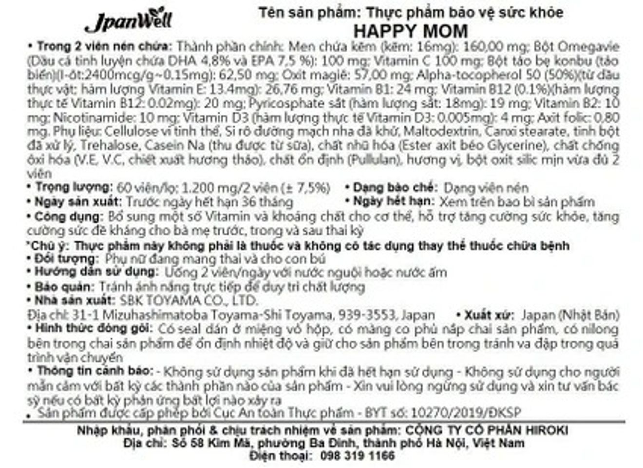 Viên Uống Bổ Sung Vitamin và Khoáng Chất Happy Mom Jpanwell - Dinh Dưỡng Thiết Yếu Cho Mẹ Bầu và Sau Sinh (60 Viên)