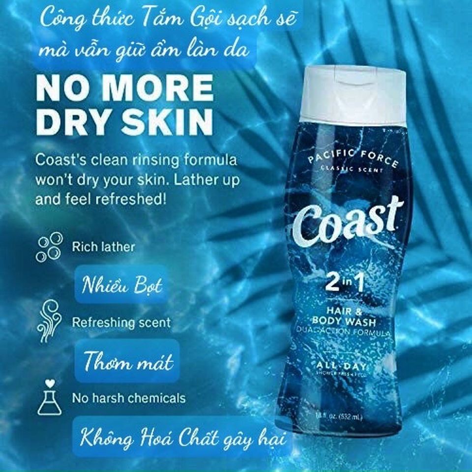 Dầu Tắm Gội Coast 2IN1 532ml - Sữa Tắm & Dầu Gội Gel Nam Tính, Hương Thơm Lâu, Dưỡng Ẩm, Sạch Sẽ, Mềm Mại, Tiện Lợi Dùng Hàng Ngày