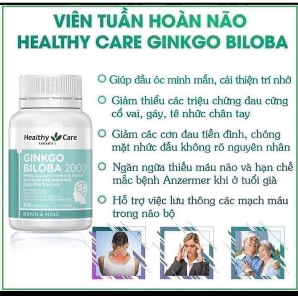 Viên Bổ Não Ginkgo Biloba 2000mg Healthy Care Úc - Hỗ Trợ Tăng Cường Trí Nhớ, Giảm Đau Đầu, Hộp 100 Viên