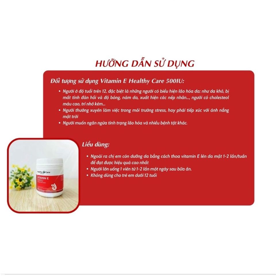 Viên Uống Bổ Sung Vitamin E Healthy Care 500IU - 200 Viên Cải Thiện Đẹp Da, Chống Lão Hóa & Tóc Khỏe Mượt, Xuất Xứ Úc