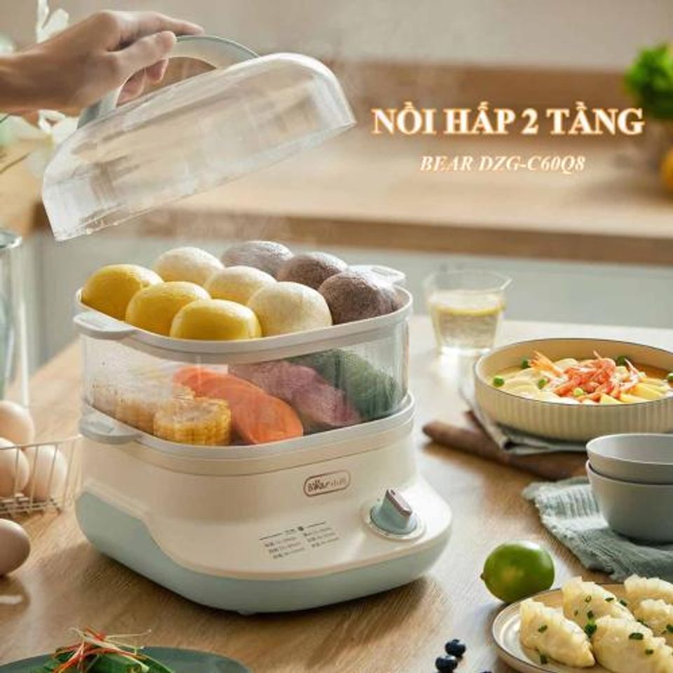 Nồi Hấp Hai Tầng Bear DZG-C60A1 - Công Suất 800W, Dung Tích 6L, Thiết Kế Tiện Lợi Giúp Bảo Quản Vitamin Thực Phẩm Tốt Nhất