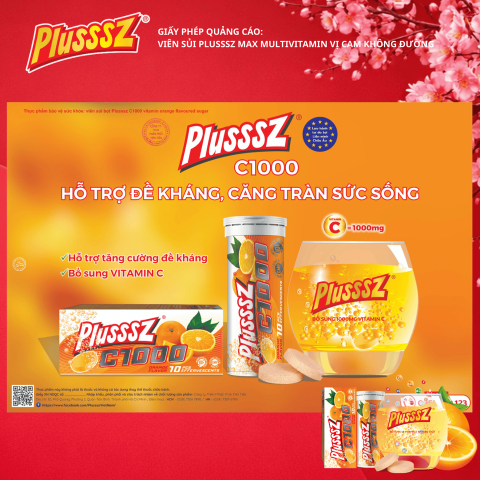 Viên Sủi PLUSSSZ C1000 1000mg Vitamin C Hương Cam - Hỗ Trợ Tăng Đề Kháng và Sức Khỏe - Combo 2 Tuýp 20 Viên Sủi