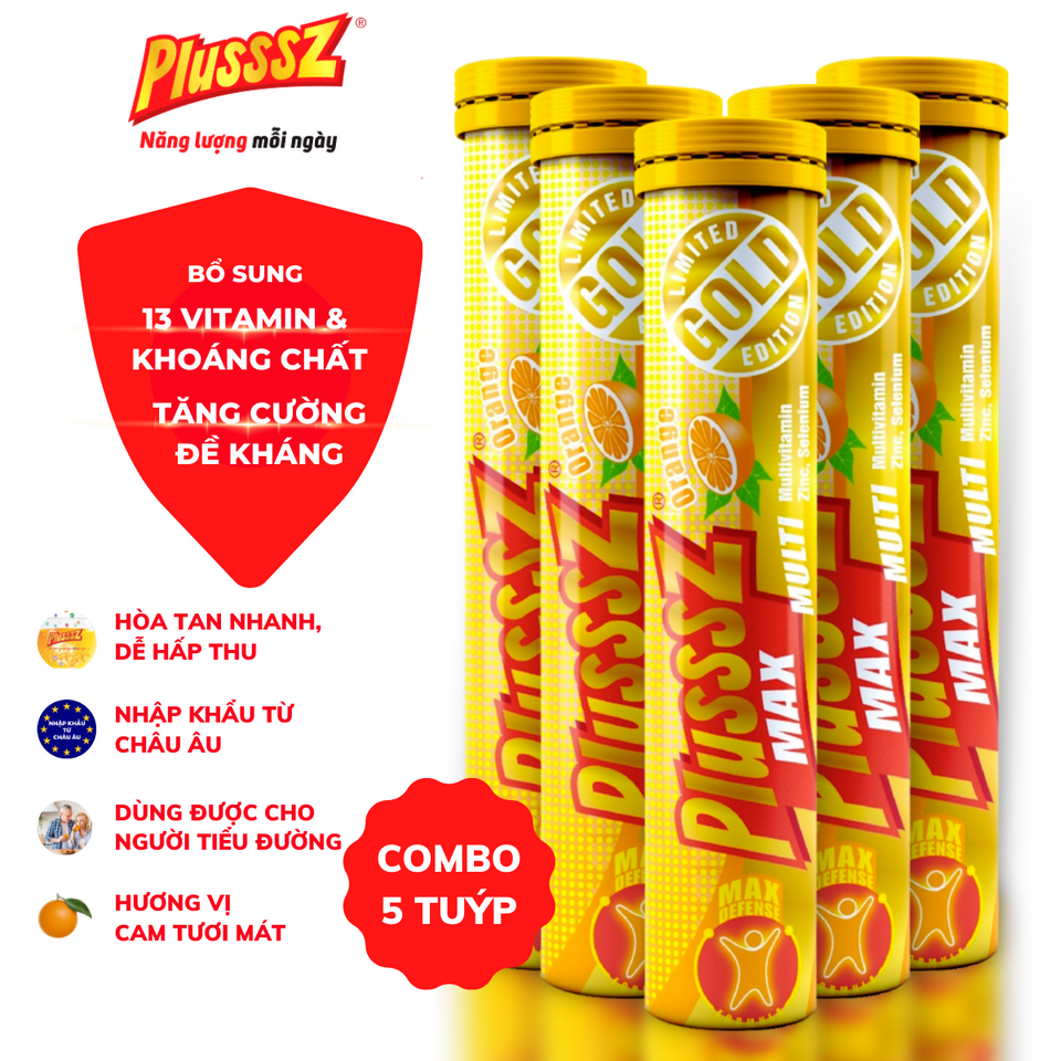 [COMBO 5 TUÝP x 20 VIÊN] Viên Sủi Vitamin Tổng Hợp  PLUSSSZ MAX MULTIVITAMIN VỊ CAM Không Đường