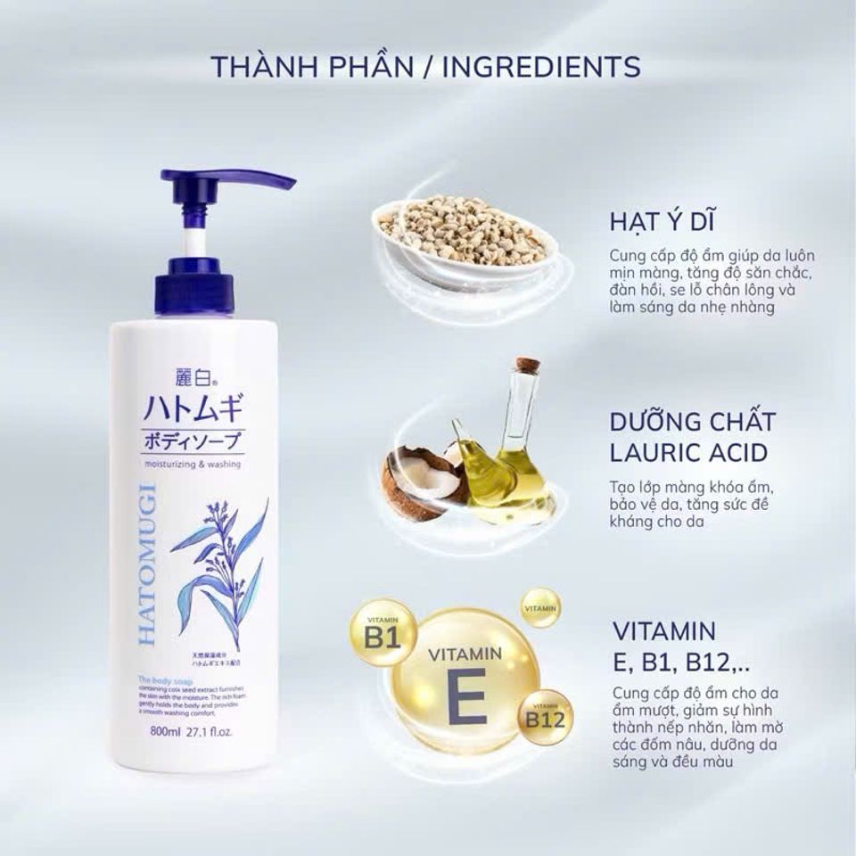 (Nhật) Sữa Tắm Dưỡng Trắng Sáng Da Hatomugi Giúp Da Mềm Mịn 800ml
