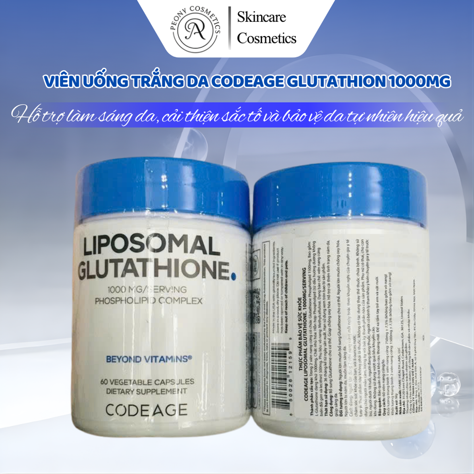 Viên uống trắng da Codeage Glutathion 1000mg - Hỗ trợ làm sáng da, cải thiện sắc tố và bảo vệ da tự nhiên hiệu quả