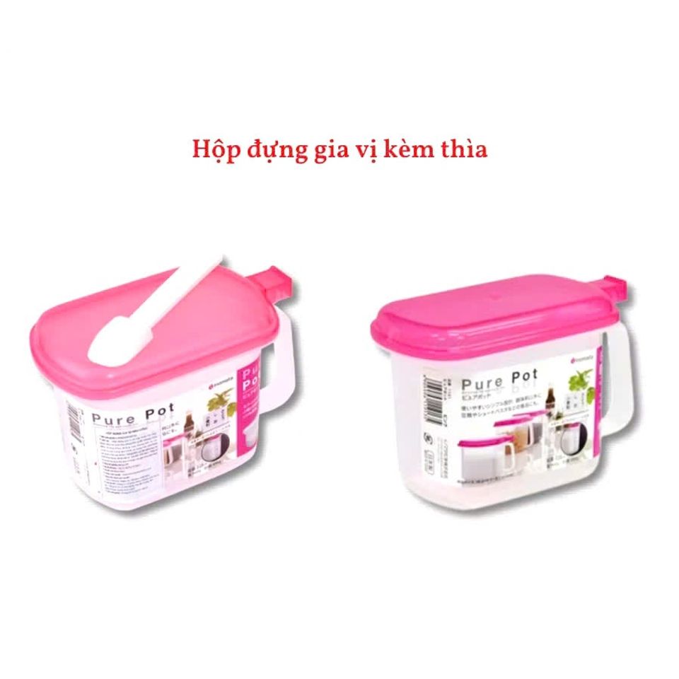 Hộp đựng gia vị, hũ đựng gia vị có nắp bật kèm thìa màu hồng
