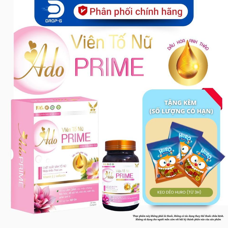 (Chính hãng) Viên Uống Nội Tiết Tố Nữ, Sáng Đẹp Da [TPBVSK Ado Prime HỒNG] - H/30 viên