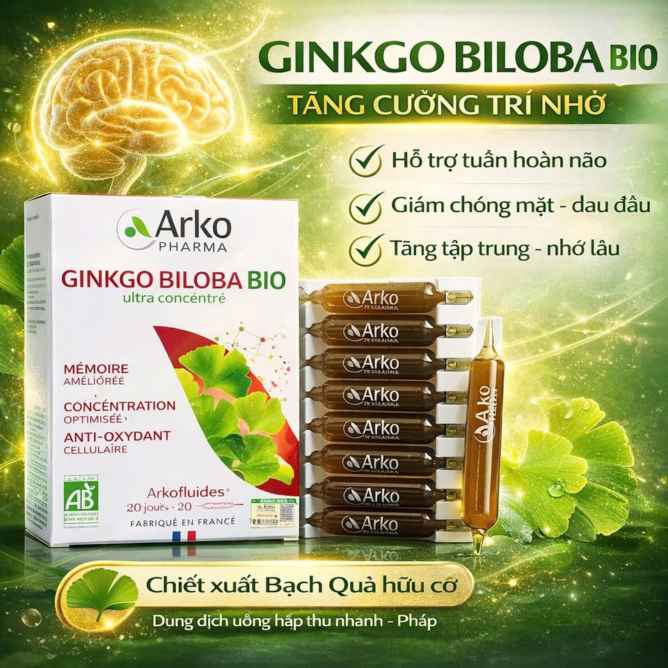 Ginkgo Biloba BIO Arkopharma - Thực Phẩm Bổ Não Dạng Ống Uống 20 Ống - Tăng Cường Trí Nhớ, Duy Trì Tinh Thần Minh Mẫn