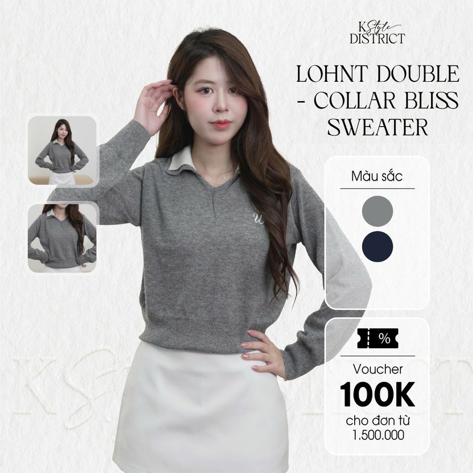 [ LOHNT] Áo thun nữ Double - Collar Bliss Sweater cổ V tay dài Hàn Quốc cao cấp
