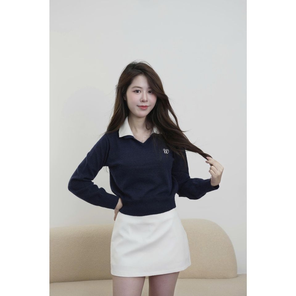 [ LOHNT] Áo thun nữ Double - Collar Bliss Sweater cổ V tay dài Hàn Quốc cao cấp