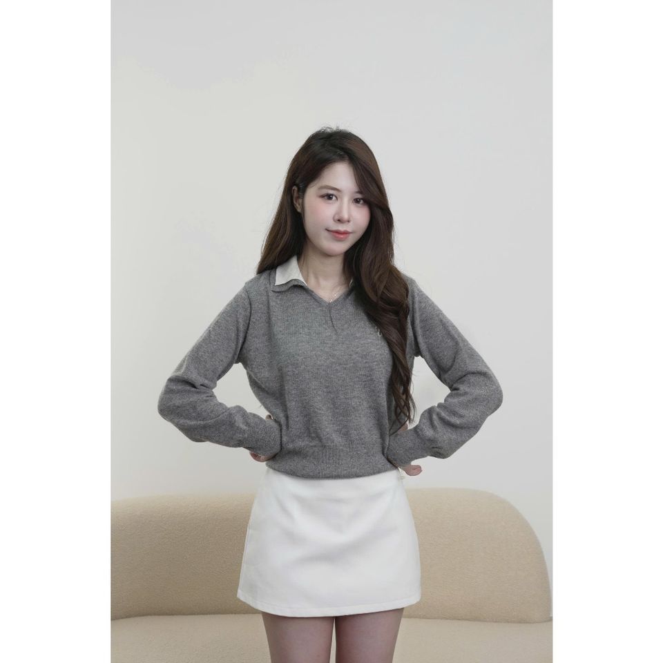 [ LOHNT] Áo thun nữ Double - Collar Bliss Sweater cổ V tay dài Hàn Quốc cao cấp