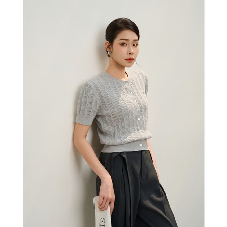 [LOHNT] Áo cardigan nữ cổ tròn, dệt gân Hàn Quốc cao cấp/ Round-neck - Cable - Cardigan - LT005