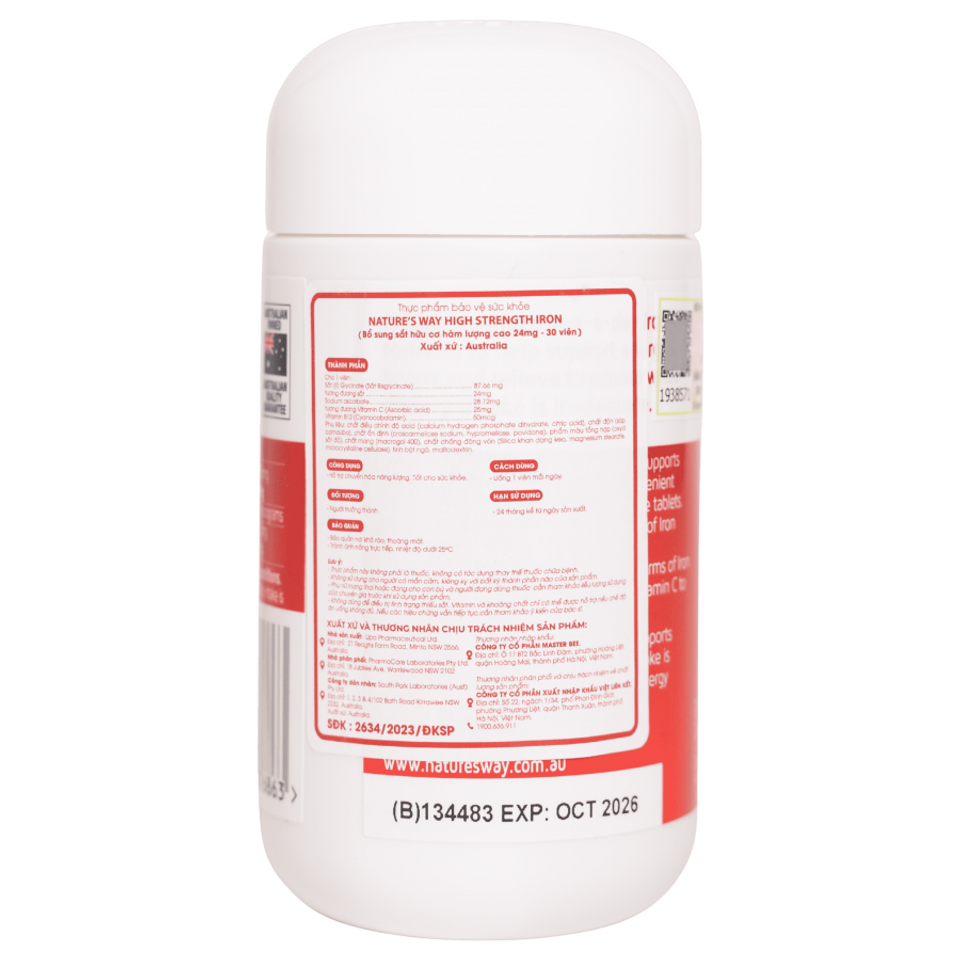 Viên Uống Sắt Hữu Cơ, Sắt Bầu Nature’s Way High Strength Iron Cung Cấp Vitamin C Và B12 (Hộp 30v)