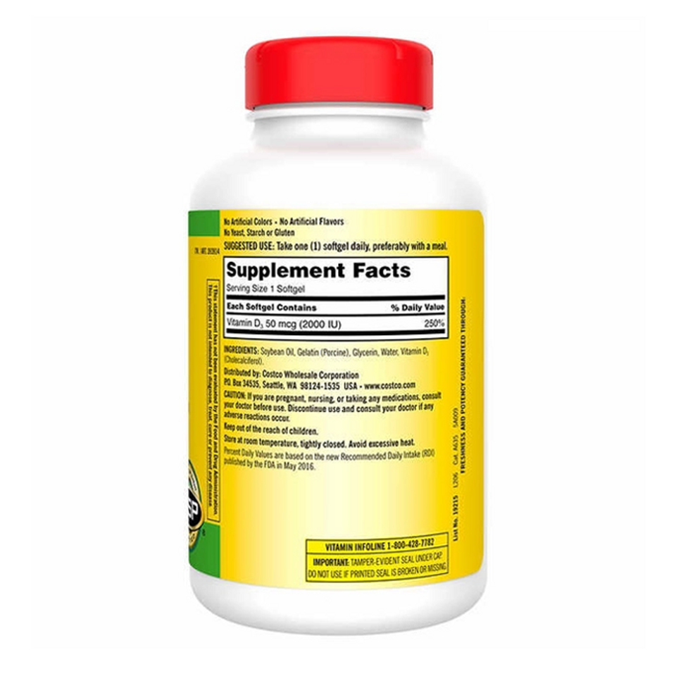 Viên uống bổ sung Vitamin D3 Kirkland 50mcg - 600 viên hỗ trợ xương chắc khỏe, tăng cường miễn dịch