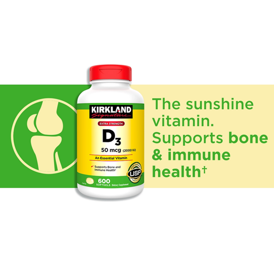 Viên uống bổ sung Vitamin D3 Kirkland 50mcg - 600 viên hỗ trợ xương chắc khỏe, tăng cường miễn dịch