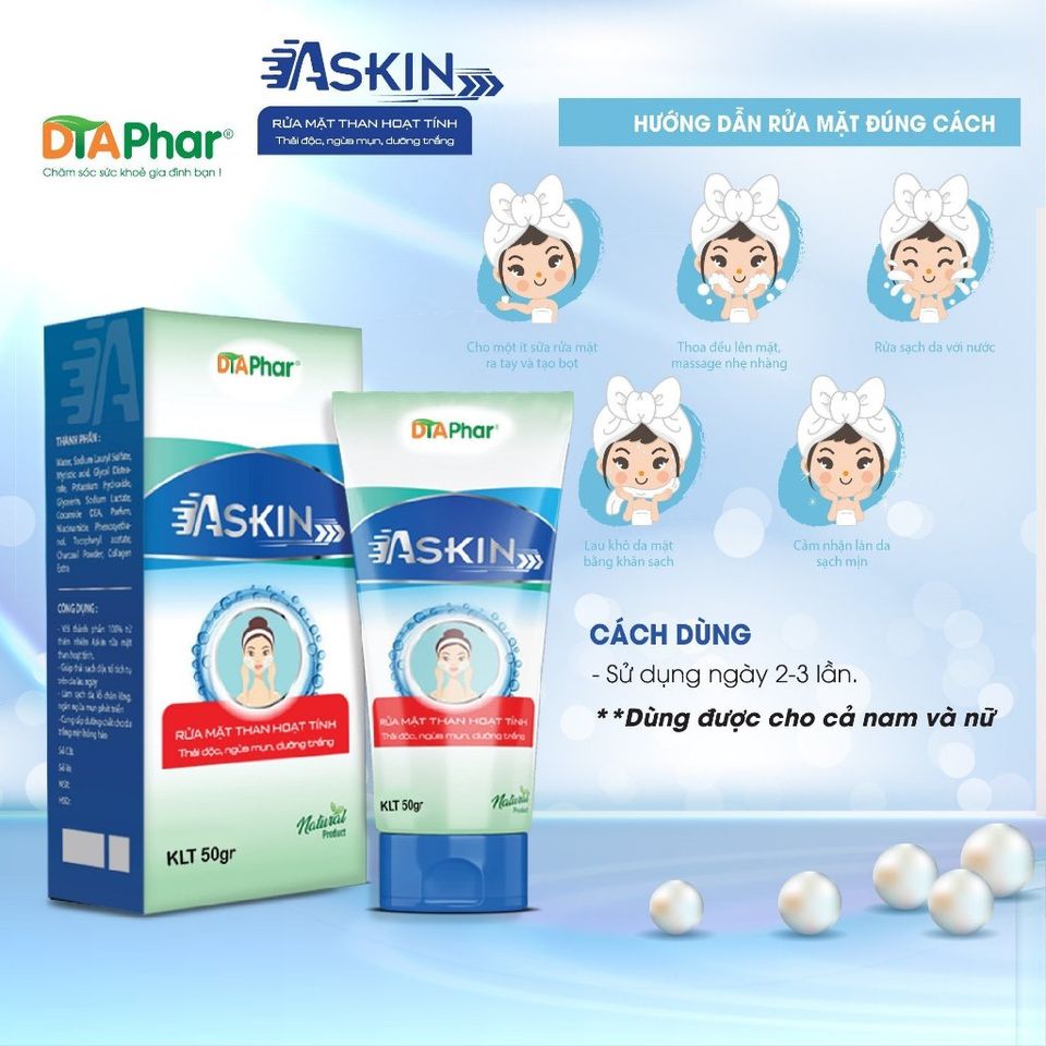 Sữa rửa mặt than hoạt tính Askin Giúp sạch da hạn chế mụn tích tụ trên da lâu ngày Tuýp 50g