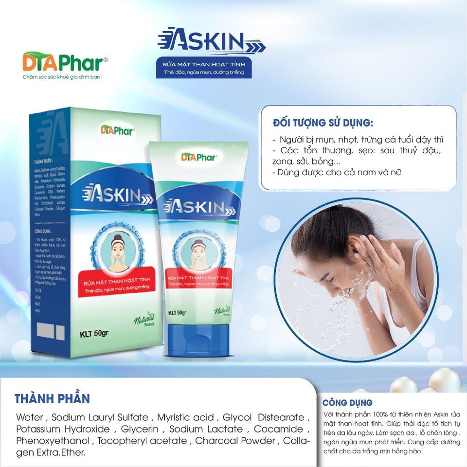 Sữa rửa mặt than hoạt tính Askin Giúp sạch da hạn chế mụn tích tụ trên da lâu ngày Tuýp 50g