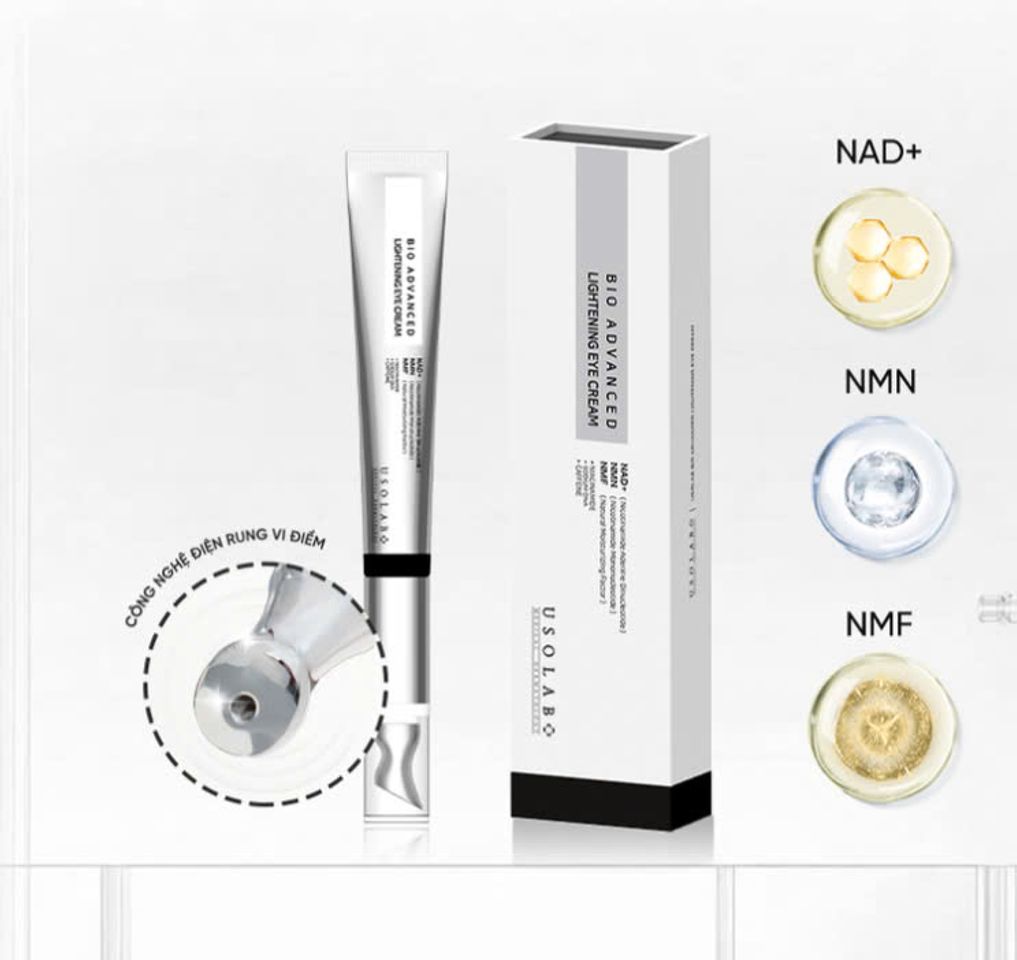 Kem Làm Giảm Thâm Quầng Mắt Usolab Bio Advanced Lightening eye Cream thiết kết đầu massage  rung vi điểm hiện đại giúp da săn chắc