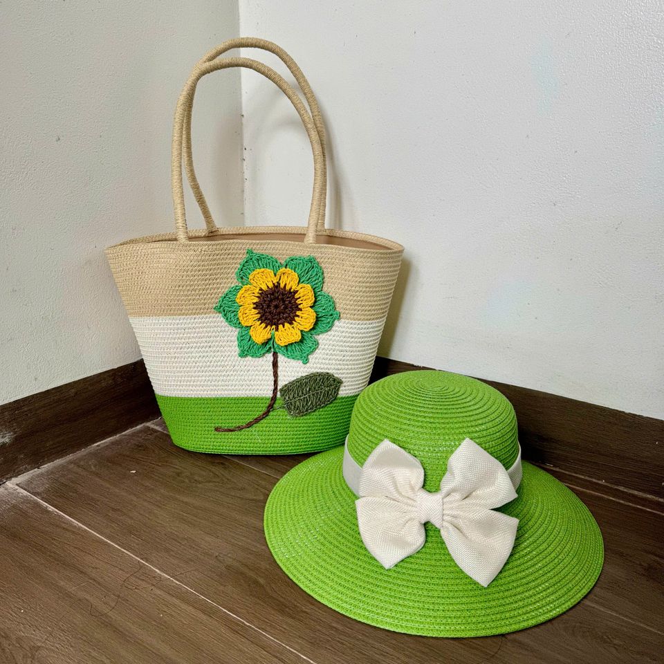 Set Túi Cói Nón Cói phong cách vintage Đi Biển Rực Rỡ Có Khóa Kéo - Túi Nữ Đeo Vai Thời Trang, Tiện Dụng Cho Picnic và Du Lịch