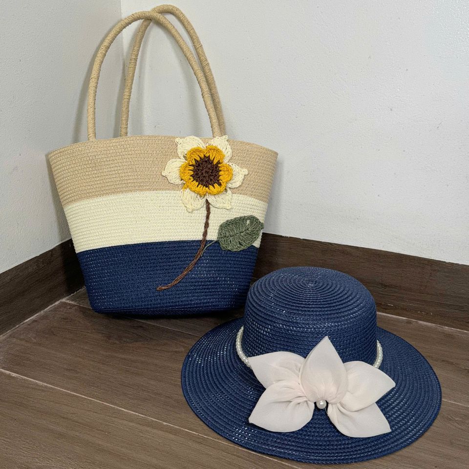 Set Túi Cói Nón Cói phong cách vintage Đi Biển Rực Rỡ Có Khóa Kéo - Túi Nữ Đeo Vai Thời Trang, Tiện Dụng Cho Picnic và Du Lịch