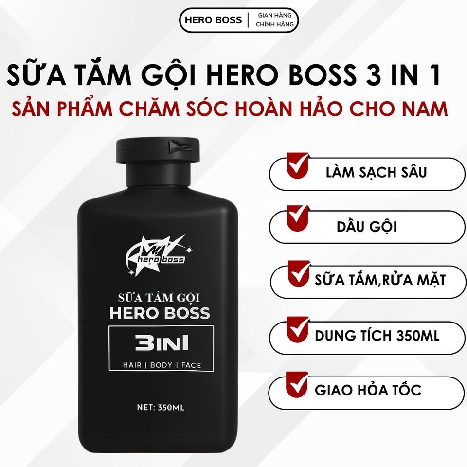 Sữa Tắm Gội Hero Boss 3 in 1 350ml - Sản Phẩm Chăm Sóc Nam Giới Với Hương Nước Hoa Quyến Rũ và Dưỡng Da Tóc Mềm Mại
