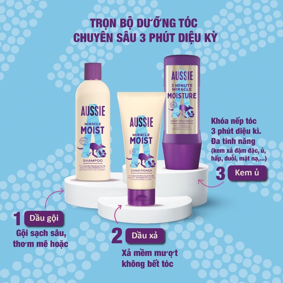 Dầu Gội Aussie giúp dưỡng ẩm làm mềm mượt tóc khô xơ, giúp tóc bồng bềnh Miracle Shampoo Moist 300ml chính hãng