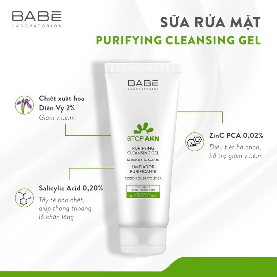 Sữa rửa mặt BABE Stop AKN Purifying Cleansing Gel da dầu mụn