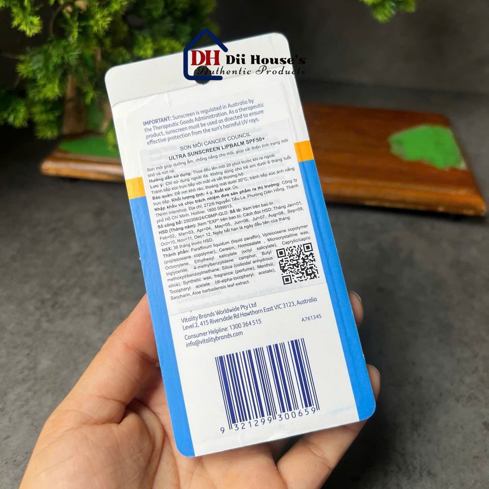 [Nhập khẩu] Son Dưỡng Môi Chống Nắng Cancer Council Ultra Sunscreen Lip Balm SPF50+ 4g.