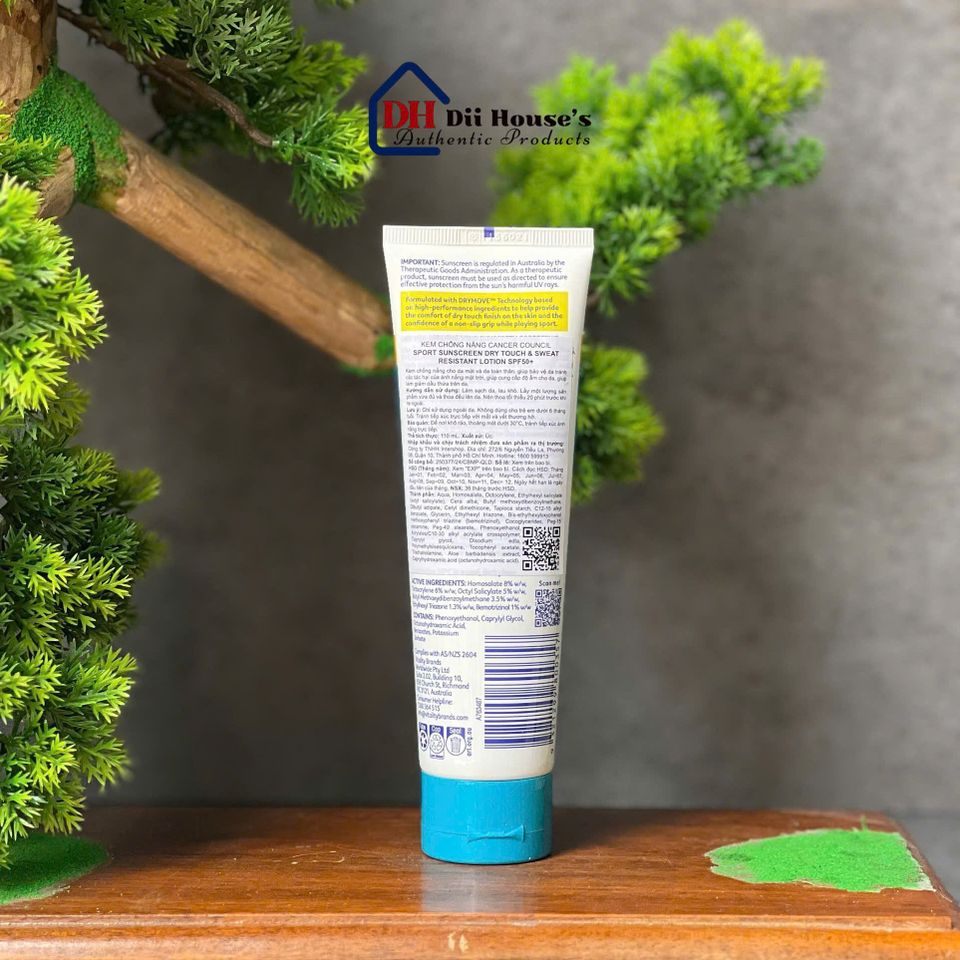 [Nhập khẩu] Kem chống nắng Cancer Council Sport Sunscreen Dry Touch & Sweat Resistant Lotion With Dry Move SPF50+ 110ml.