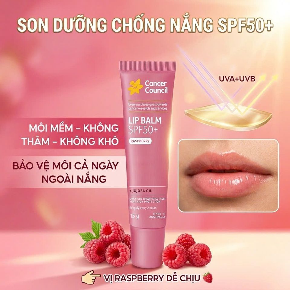 Son Dưỡng Môi Chống Nắng Cancer Council Lip Balm SPF50+ Raspberry 15g Chống UV Dưỡng Ẩm