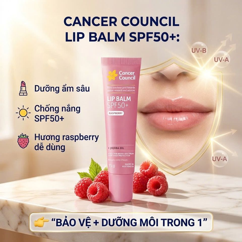 Son Dưỡng Môi Chống Nắng Cancer Council Lip Balm SPF50+ Raspberry 15g Chống UV Dưỡng Ẩm