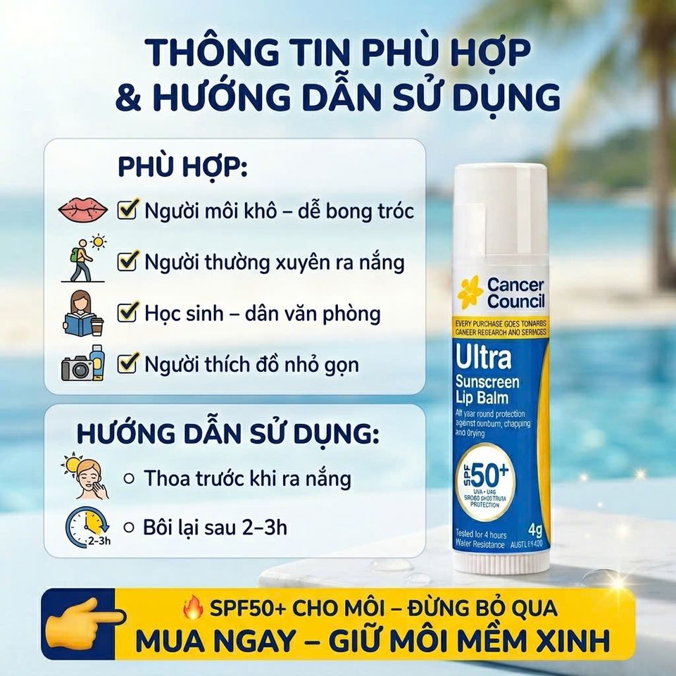 Son Dưỡng Môi Chống Nắng Cancer Council Ultra Sunscreen Lip Balm SPF50+ 4g Bảo Vệ Môi Khỏi UV