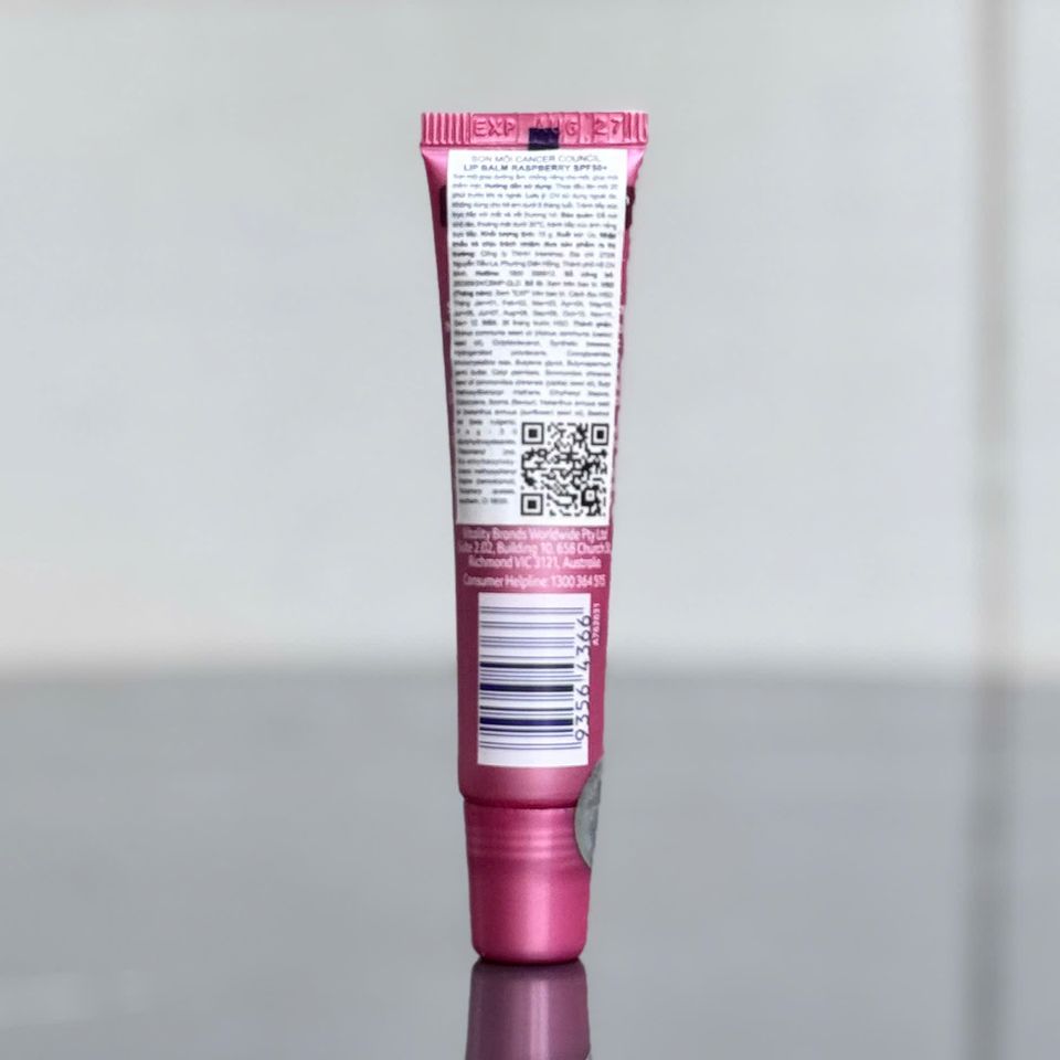 Son Dưỡng Môi Chống Nắng Cancer Council Lip Balm SPF50+ Raspberry 15g Chống UV Dưỡng Ẩm