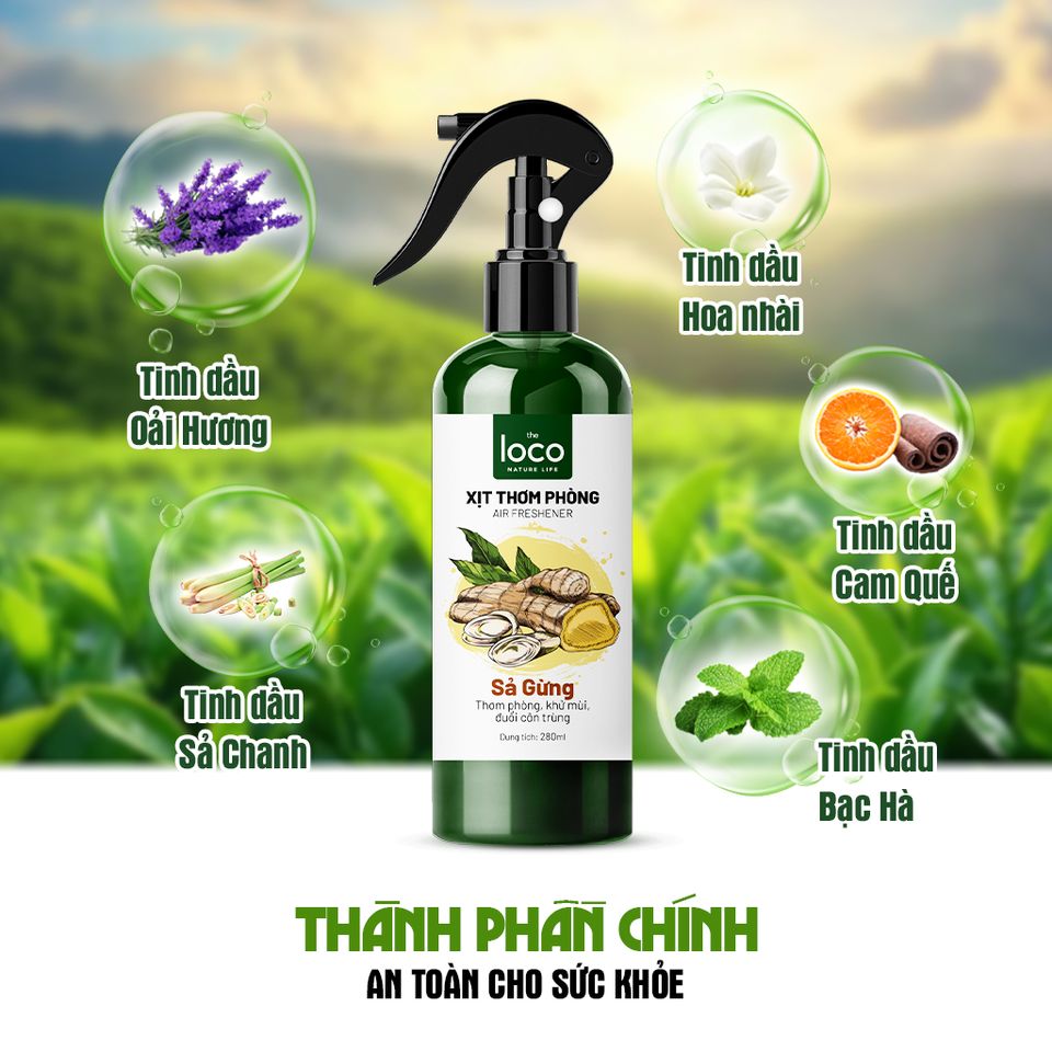 Xịt Phòng Tinh Dầu Sả Gừng Khử Mùi Hôi Phòng, Toilet Nhanh Chóng, Thanh Lọc Không Khí The Loco
